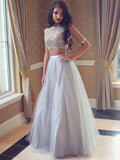 A-Line/Elegant Bateau Sleeveless Tulle Floor-Length Beading Two Piece Prom Dresses