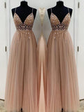 A-Line/Elegant Beading Tulle Spaghetti Straps Sleeveless Floor-Length Prom Dresses