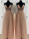 A-Line/Elegant Beading Tulle Spaghetti Straps Sleeveless Floor-Length Prom Dresses