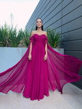 A-Line/Elegant Chiffon Floor-Length Long Sleeves Ruffles Off-the-Shoulder Prom Dresses