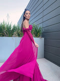 A-Line/Elegant Chiffon Floor-Length Long Sleeves Ruffles Off-the-Shoulder Prom Dresses