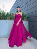 A-Line/Elegant Chiffon Floor-Length Long Sleeves Ruffles Off-the-Shoulder Prom Dresses