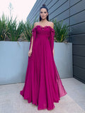 A-Line/Elegant Chiffon Floor-Length Long Sleeves Ruffles Off-the-Shoulder Prom Dresses