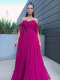 A-Line/Elegant Chiffon Floor-Length Long Sleeves Ruffles Off-the-Shoulder Prom Dresses