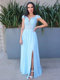 A-Line/Elegant Floor-Length Off-the-Shoulder Sleeveless Chiffon Applique Prom Dresses