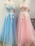 A-Line/Elegant Floor-Length V-neck Applique Sleeveless Tulle Prom Dresses
