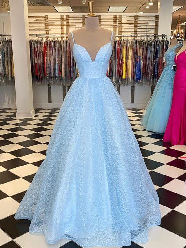 A-Line/Elegant Floor-Length V-neck Sleeveless Tulle Ruffles Prom Dresses