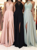 A-Line/Elegant Halter Applique Sleeveless Ruched Chiffon Prom Dresses