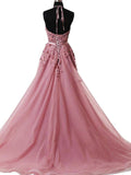 A-Line/Elegant Halter Sleeveless Applique Tulle Prom Dresses