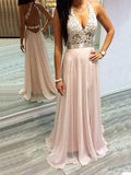 A-Line/Elegant Halter Sleeveless Chiffon Lace Prom Dresses