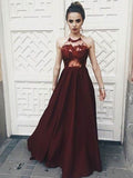 A-Line/Elegant Halter Sleeveless Floor-Length Applique Elastic Woven Satin Prom Dresses