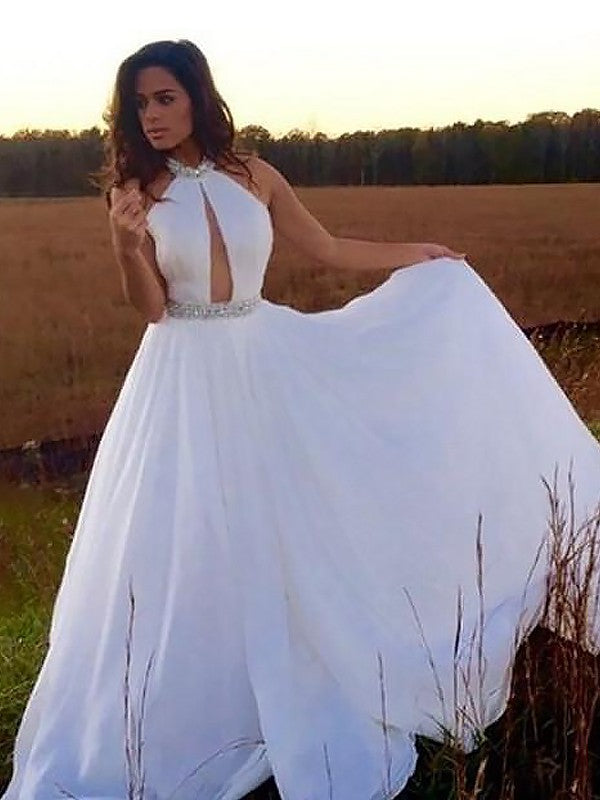 A-Line/Elegant Halter Sleeveless Floor-Length Beading Chiffon Prom Dresses