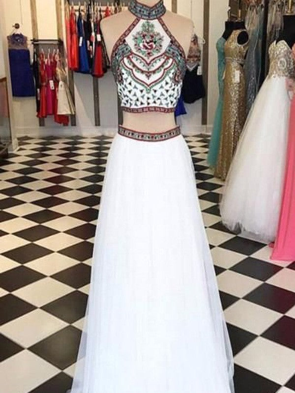 A-Line/Elegant Halter Sleeveless Floor-Length Beading Net Two Piece Prom Dresses