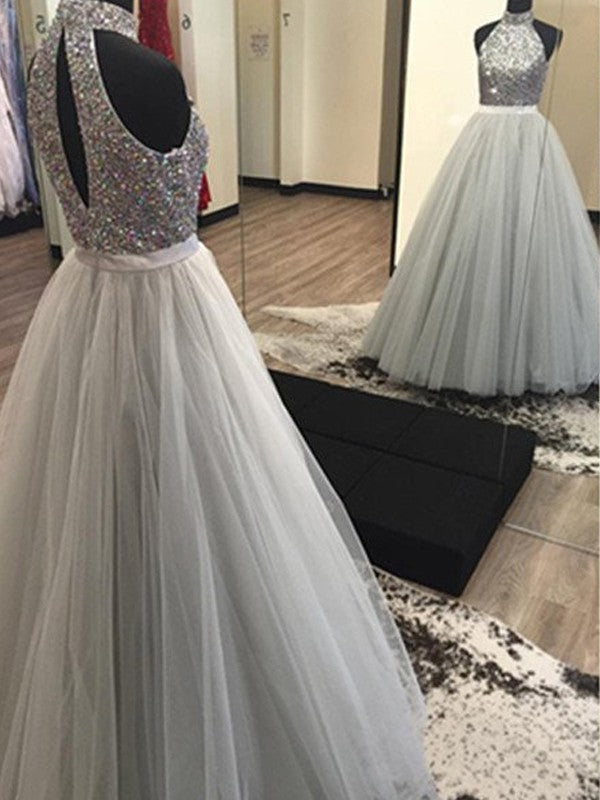 A-Line/Elegant Halter Sleeveless Floor-Length Beading Tulle Prom Dresses
