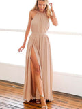 A-Line/Elegant Halter Sleeveless Floor-Length Chiffon Prom Dresses