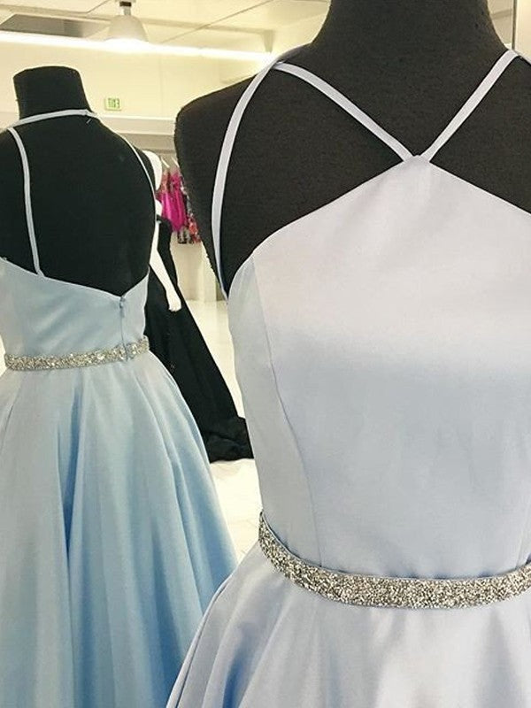 A-Line/Elegant Halter Sleeveless Floor-Length Satin Prom Dresses