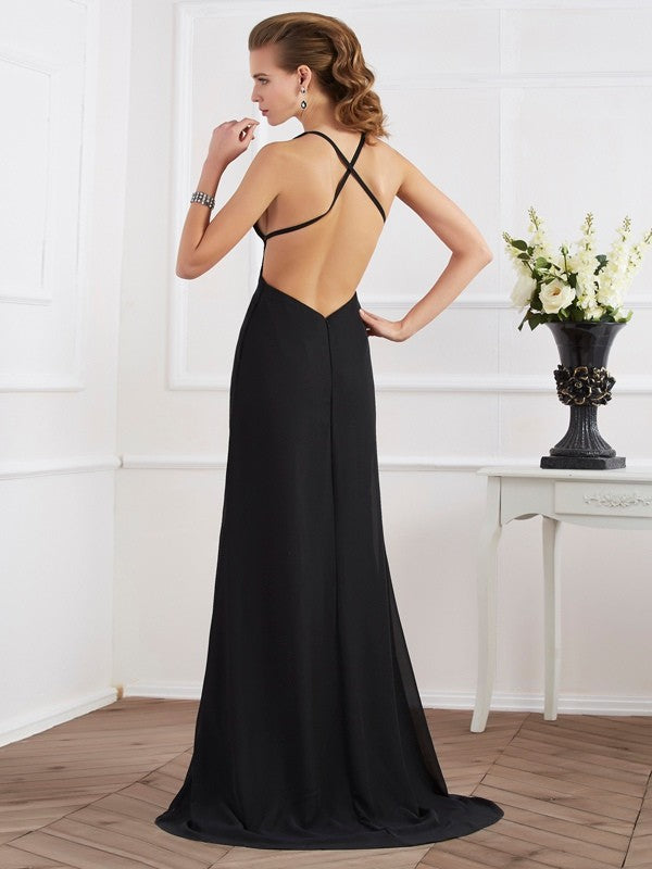 A-Line/Elegant Halter Sleeveless Long Chiffon Prom Dresses