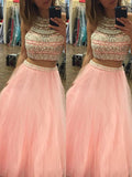 A-Line/Elegant Halter Sleeveless Tulle Floor-Length Beading Two Piece Prom Dresses