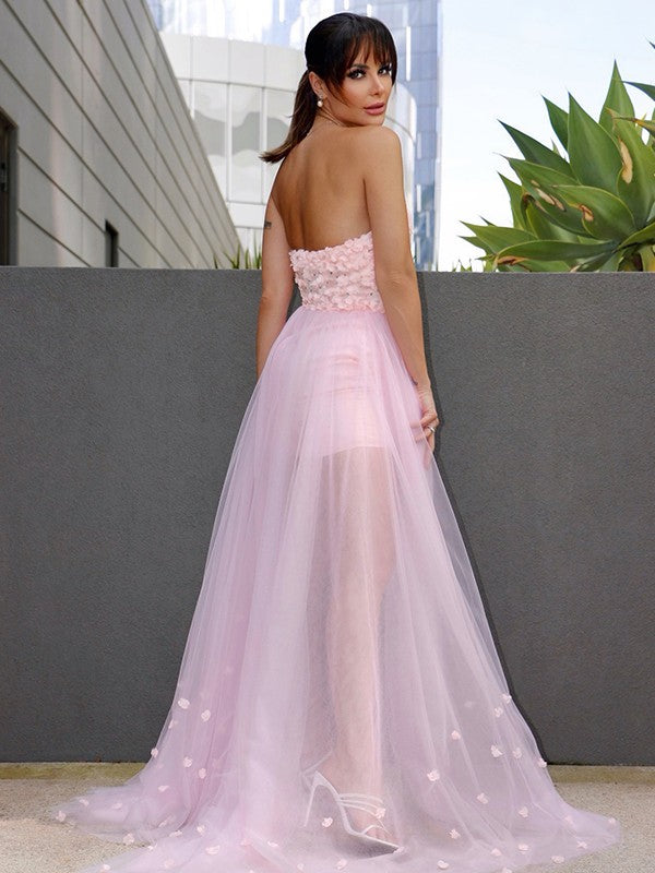 A-Line/Elegant Hand-Made Flower Tulle Sleeveless Sweetheart Prom Dresses