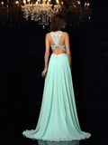 A-Line/Elegant High Neck Applique Sleeveless Long Chiffon Prom Dresses