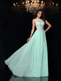 A-Line/Elegant High Neck Applique Sleeveless Long Chiffon Prom Dresses