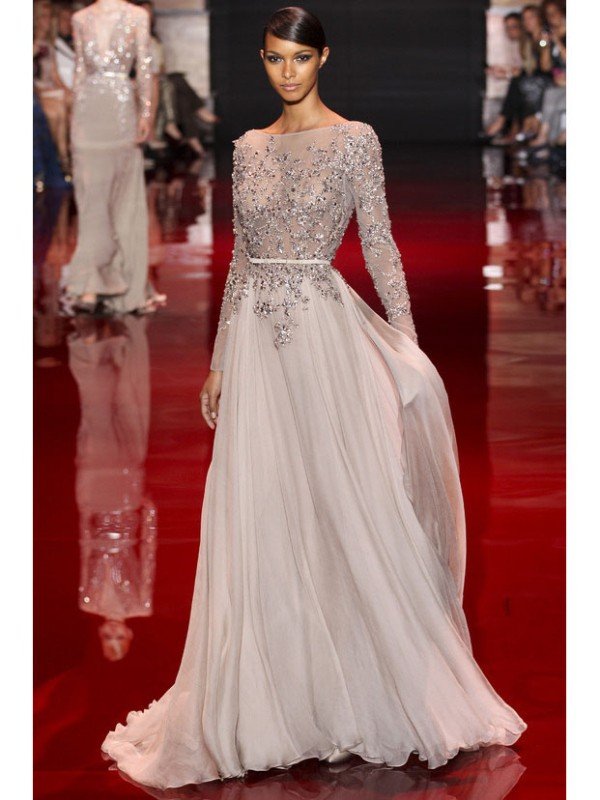 A-Line/Elegant High Neck Long Sleeves Applique Chiffon Prom Dresses