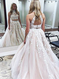 A-Line/Elegant High Neck Sleeveless Applique Tulle Two Piece Prom Dresses