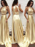 A-Line/Elegant High Neck Sleeveless Satin Beading Two Piece Prom Dresses