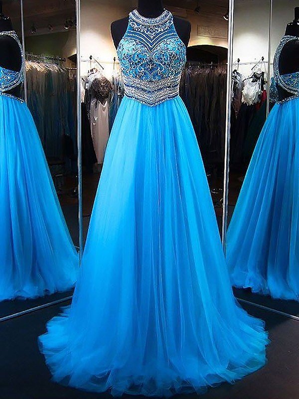 A-Line/Elegant Jewel Sleeveless Beading Tulle Prom Dresses