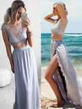 A-Line/Elegant Jewel Sleeveless Satin Floor-Length Lace Two Piece Prom Dresses