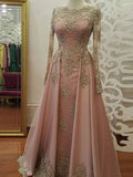 A-Line/Elegant Long Sleeves Scoop Floor-Length Applique Tulle Muslim Prom Dresses