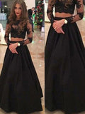 A-Line/Elegant Long Sleeves Scoop Floor-Length Lace Prom Dresses