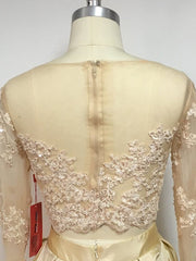 A-Line/Elegant Long Sleeves Scoop Taffeta Applique Floor-Length Two Piece Prom Dresses
