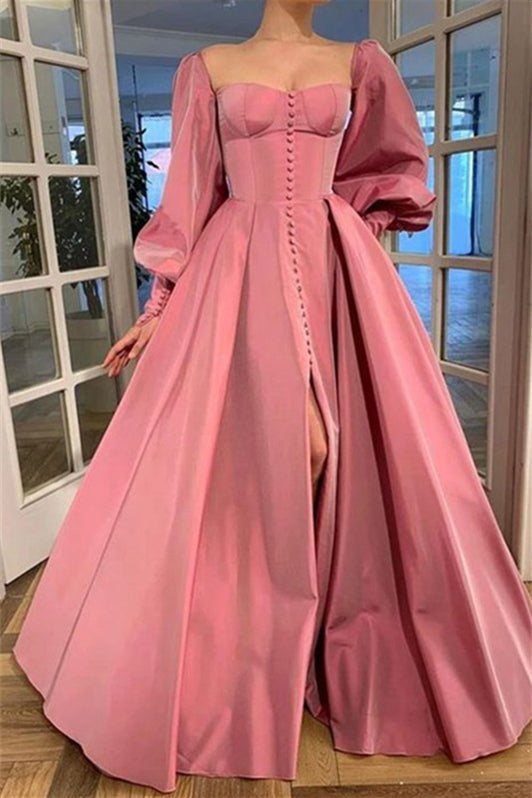 A-Line/Elegant Long Sleeves Square Ruffles Satin Floor-Length Prom Dresses-misshow.com