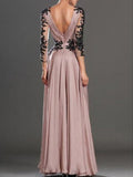 A-Line/Elegant Long Sleeves V-neck Chiffon Applique Floor-Length Prom Dresses