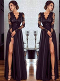 A-Line/Elegant Long Sleeves V-neck Floor-Length Lace Chiffon Applique Prom Dresses
