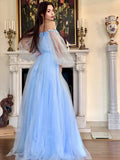A-Line/Elegant Off-the-Shoulder Beading Long Sleeves Floor-Length Tulle Prom Dresses