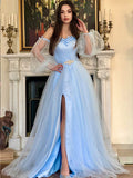 A-Line/Elegant Off-the-Shoulder Beading Long Sleeves Floor-Length Tulle Prom Dresses