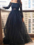 A-Line/Elegant Off-the-Shoulder Long Sleeves Lace Floor-Length Tulle Prom Dresses