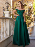A-Line/Elegant Off-the-Shoulder Sequin Sleeveless Satin Floor-Length Prom Dresses