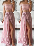 A-Line/Elegant Off-the-Shoulder Sleeveless Chiffon Floor-Length Lace Two Piece Prom Dresses
