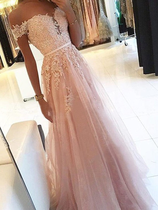 A-Line/Elegant Off-the-Shoulder Sleeveless Floor-Length Applique Tulle Prom Dresses