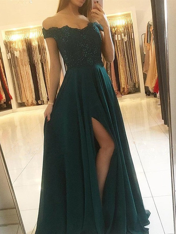 A-Line/Elegant Off-the-Shoulder Sleeveless Floor-Length Beading Chiffon Prom Dresses