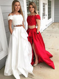 A-Line/Elegant Off-the-Shoulder Sleeveless Lace Satin Two Piece Prom Dresses