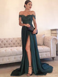 A-Line/Elegant Off-the-Shoulder Sleeveless Lace Silk like Satin Prom Dresses