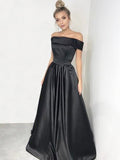 A-Line/Elegant Off-the-Shoulder Sleeveless Ruffles Satin Prom Dresses