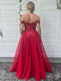 A-Line/Elegant Off-the-Shoulder Tulle Applique Sleeveless Floor-Length Prom Dresses