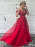 A-Line/Elegant Off-the-Shoulder Tulle Applique Sleeveless Floor-Length Prom Dresses