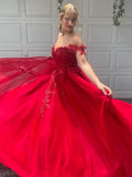 A-Line/Elegant Off-the-Shoulder Tulle Applique Sleeveless Floor-Length Prom Dresses