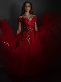A-Line/Elegant Off-the-Shoulder Tulle Applique Sleeveless Floor-Length Prom Dresses
